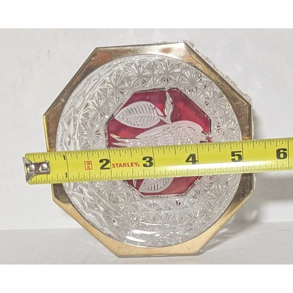 Vintage Hofbauer Byrdes Ruby Red Clear Cut Crystal and Brass Octagon Ashtray